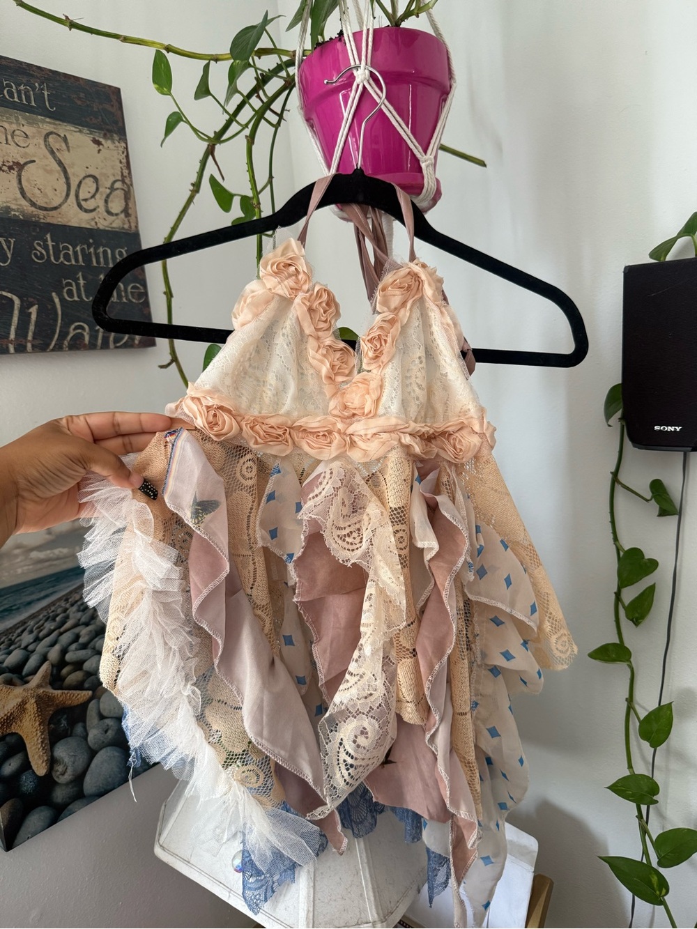 Boho Lace Ruffle Halter Top - Pink/Cream - Picture 2 of 2